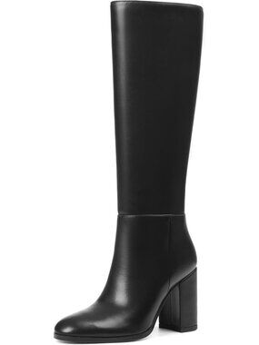 Women's Knee High Boots Round Toe Chunky High Heel Boots Side Zipper Black